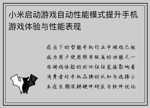 小米启动游戏自动性能模式提升手机游戏体验与性能表现 小米启动游戏自动性能模式提升手机游戏体验与性能表现